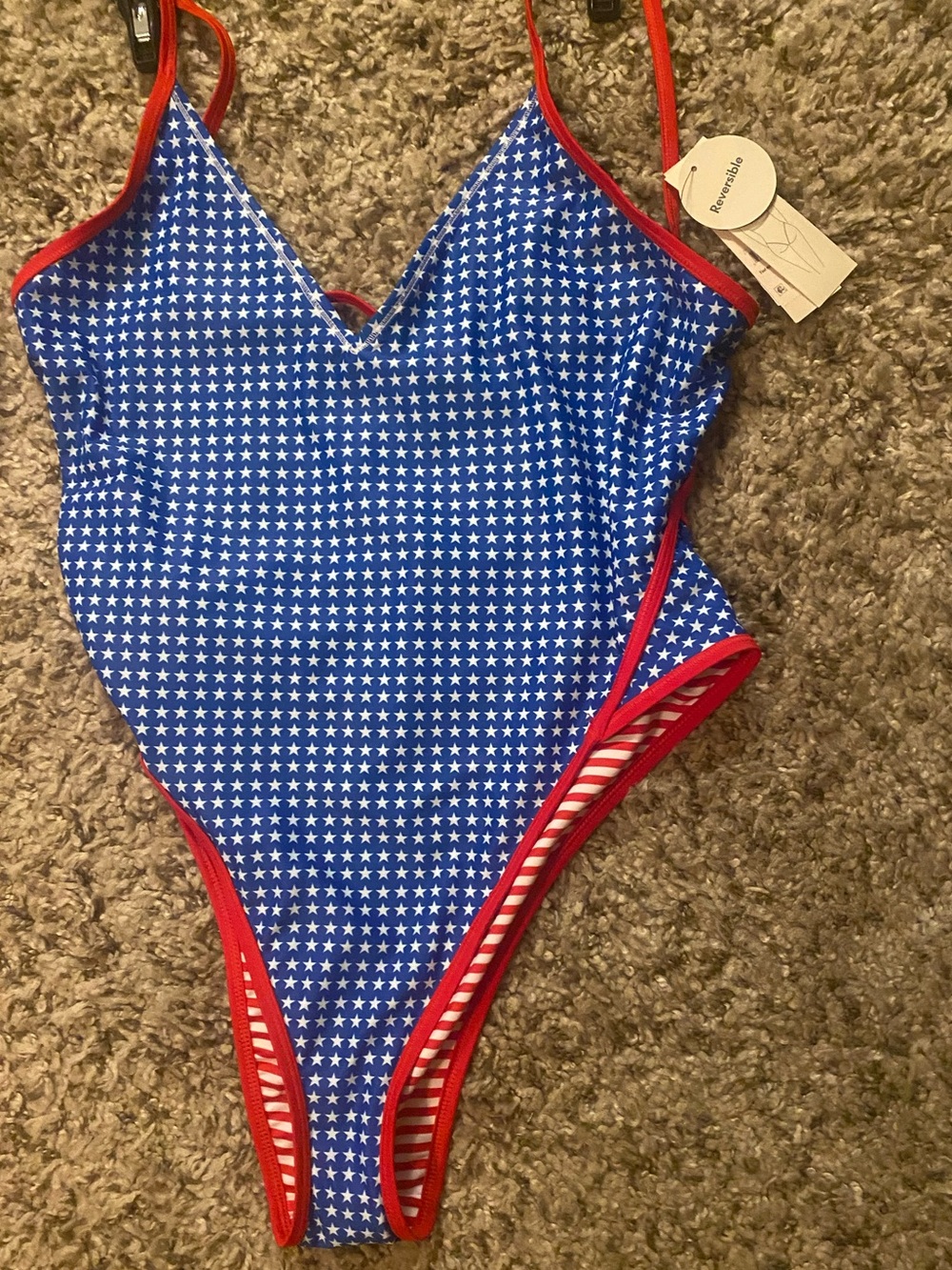 No Boundaries Blue Star Print One-Piece Swimsuit with Red Trim